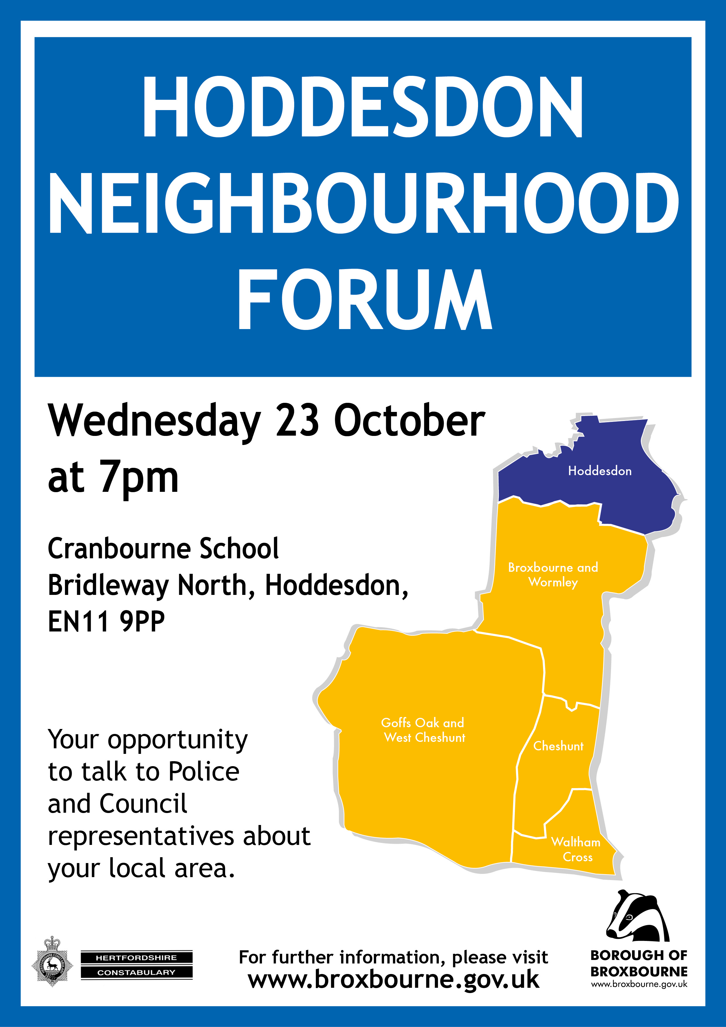 Hoddesdon residents invited to discuss local issues at Neighbourhood Forum, Wednesday 23 October 2019