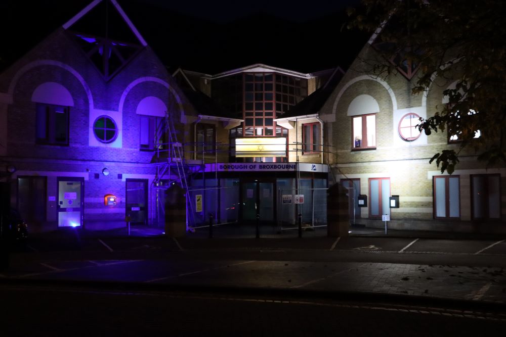 Council offices lit up in blue and white