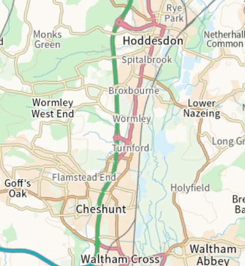 A map of Broxbourne